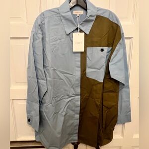 Lafayette 148 New York Light Blue and Olive Green Button Down